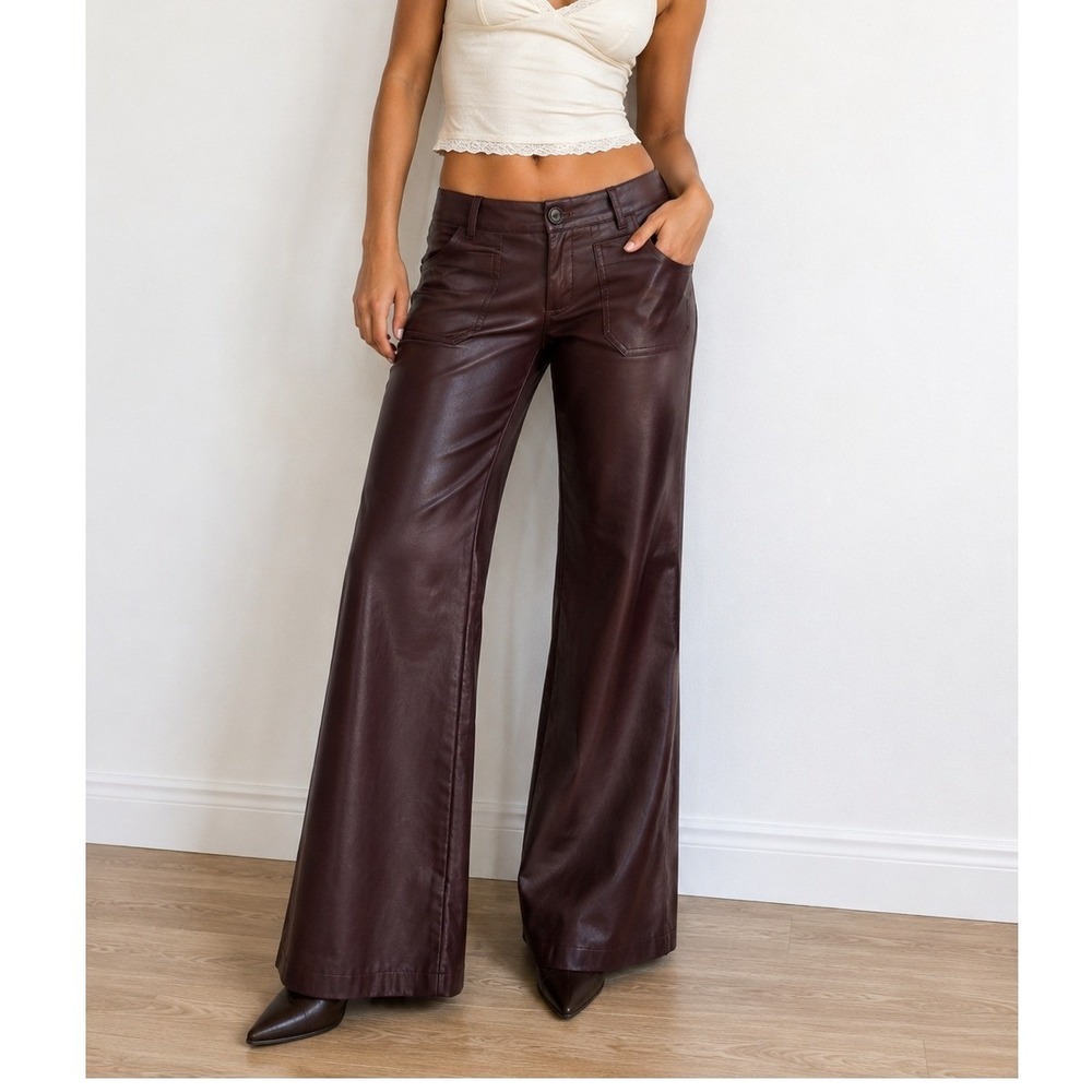 Lovelo‎ Women Dark Burgundy Faux Leather Wide Leg Flare Pants Size S